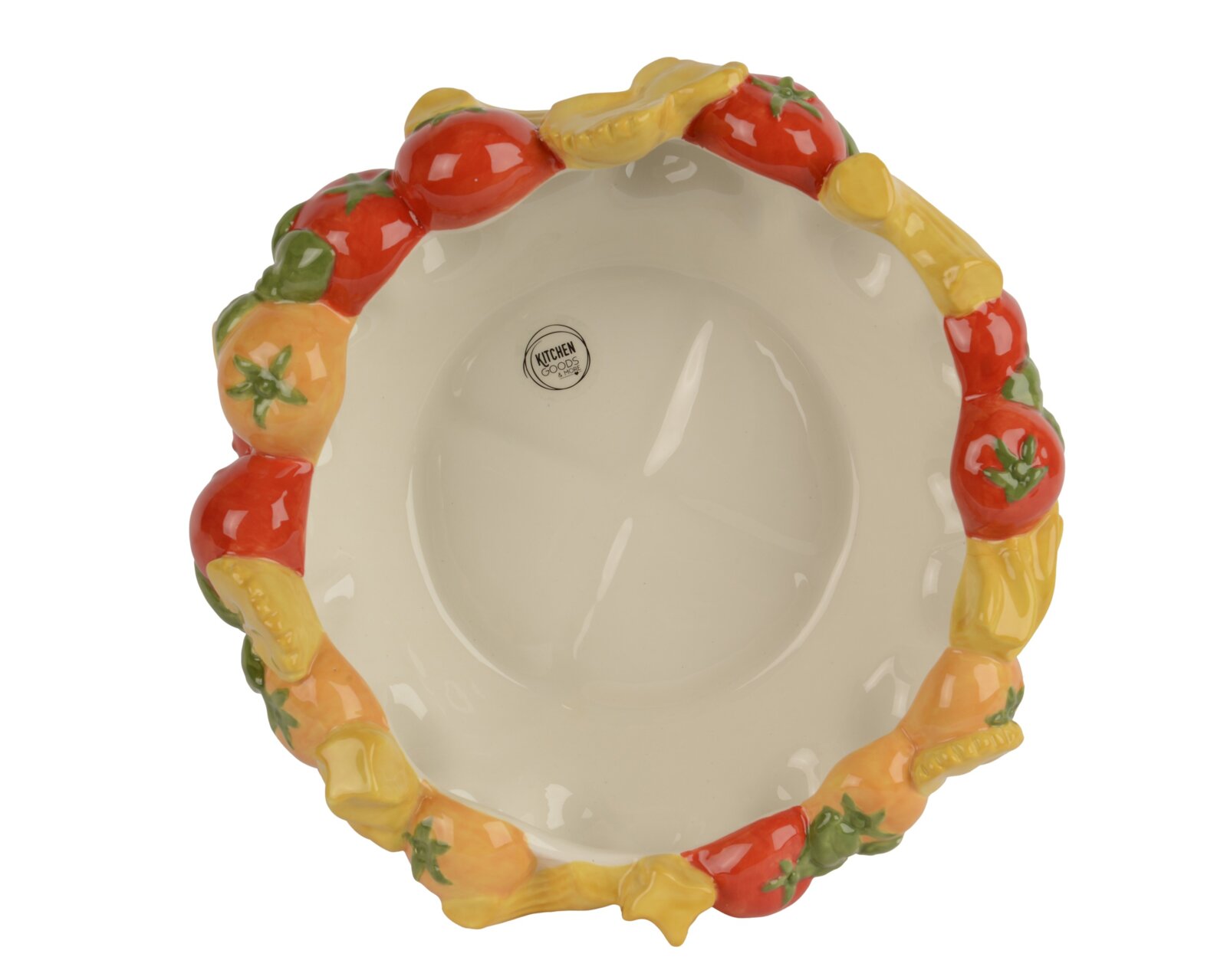 Decoris Schale Keramikschale mit dekorativem Rand aus Tomaten und gelben Paprika, Draufsicht von oben auf weißem Hintergrund