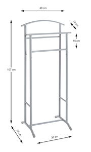 Silberner Herrendiener aus Metall mit zwei Kleiderstangen, abgebildet aus der Frontalansicht. Maße: 107 cm hoch, 48 cm breit, 36 cm tief.