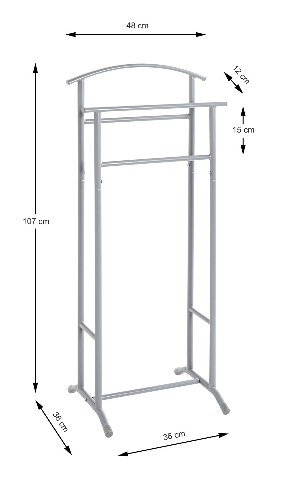 Silberner Herrendiener aus Metall mit zwei Kleiderstangen, abgebildet aus der Frontalansicht. Maße: 107 cm hoch, 48 cm breit, 36 cm tief.