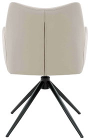 Achterkant van een moderne fauteuil met lichtgrijze bekleding en een zwart metalen frame op vier poten.