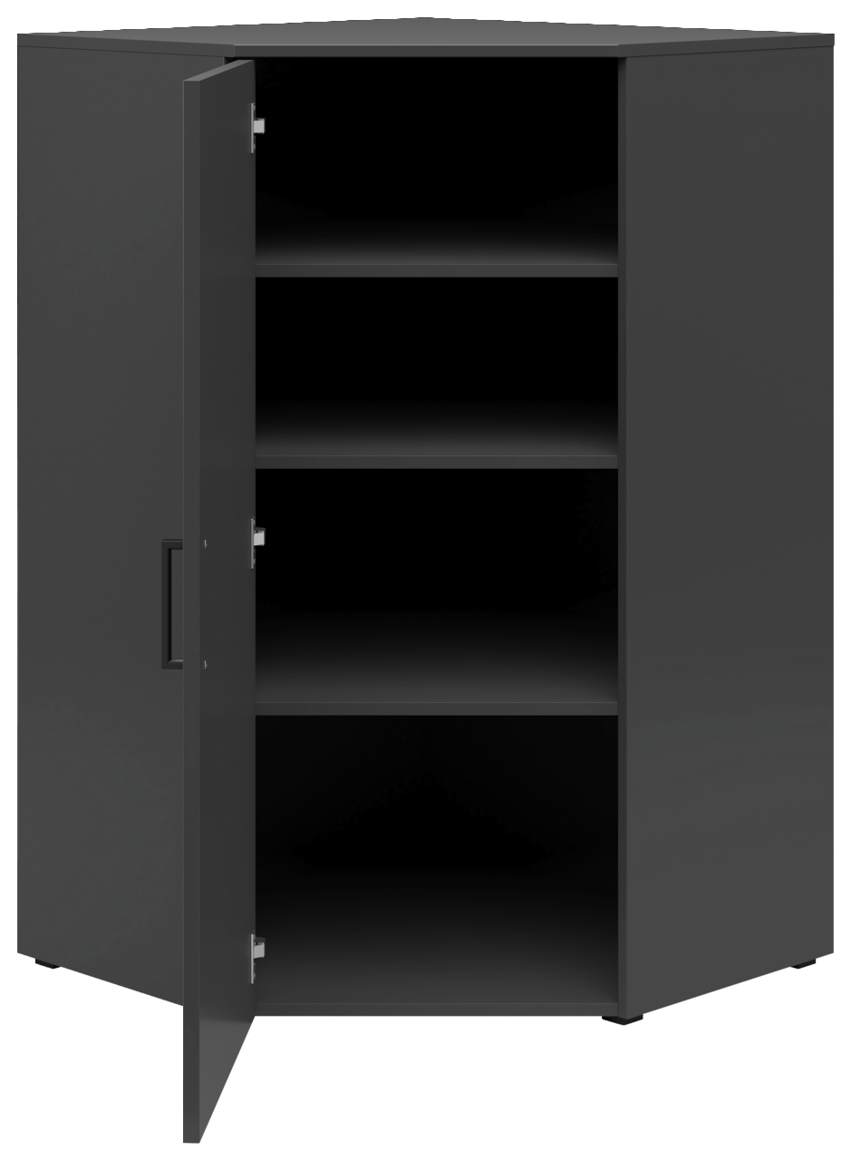 Eckkommode in dunklem Design mit geöffneter Tür, zeigt drei Regalböden aus der Frontalperspektive.