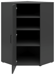 Eckkommode in dunklem Design mit geöffneter Tür, zeigt drei Regalböden aus der Frontalperspektive.