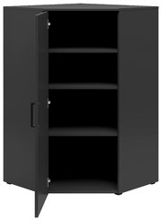 Eckkommode in dunklem Design mit geöffneter Tür, zeigt drei Regalböden aus der Frontalperspektive.