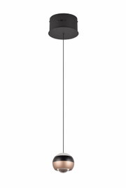 Moderne Pendelleuchte Orbit mit kugelförmigem Design, schwarz-goldene Farbkombination, seitliche Perspektive