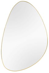 Asymmetrischer Spiegel mit goldfarbenem Rahmen, perspektivisch von vorne fotografiert.