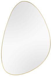 Asymmetrischer Spiegel mit goldfarbenem Rahmen, perspektivisch von vorne fotografiert.