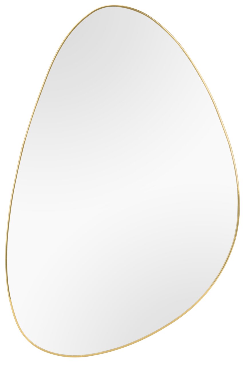 Asymmetrischer Spiegel mit goldfarbenem Rahmen, perspektivisch von vorne fotografiert.