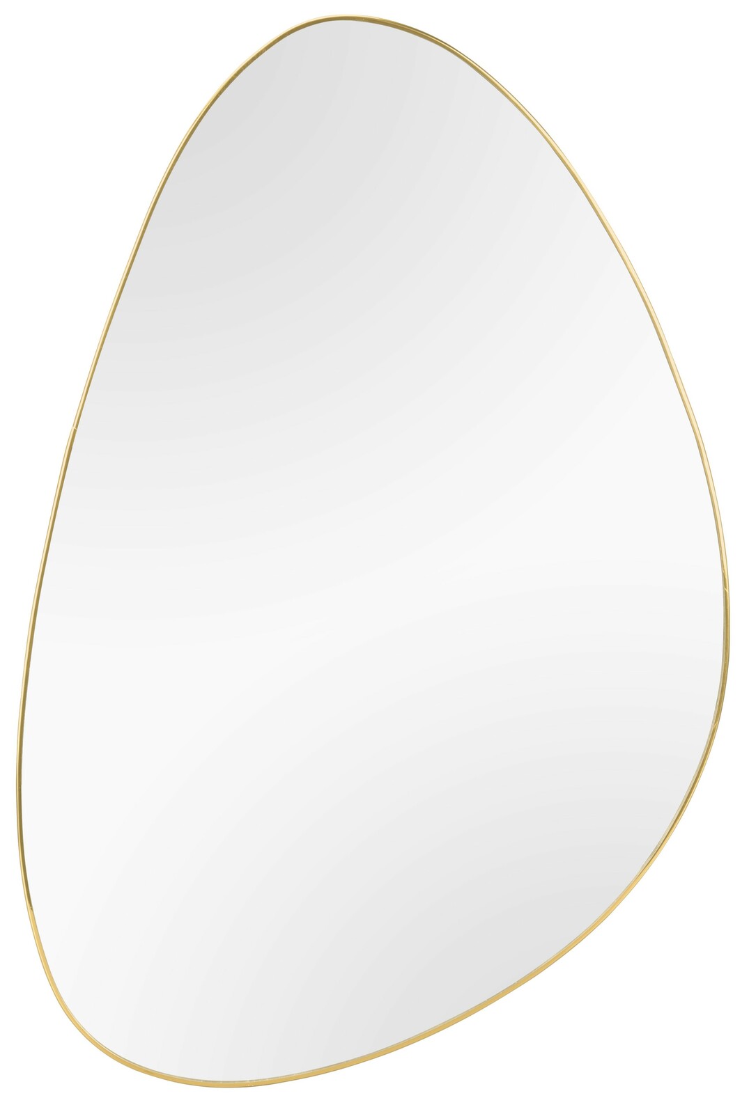 Asymmetrischer Spiegel mit goldfarbenem Rahmen, perspektivisch von vorne fotografiert.