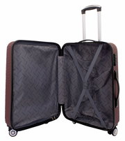 Offener burgunderfarbener Trolley mit ausziehbarem Griff und Innenfächern, seitliche Perspektive