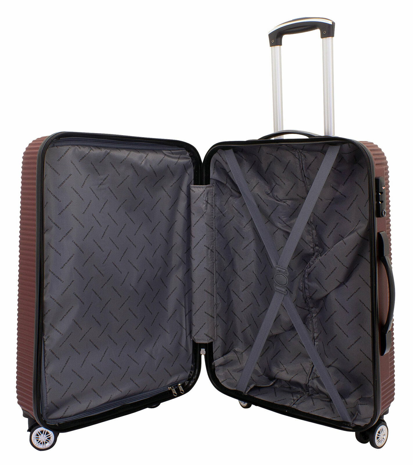 Offener burgunderfarbener Trolley mit ausziehbarem Griff und Innenfächern, seitliche Perspektive