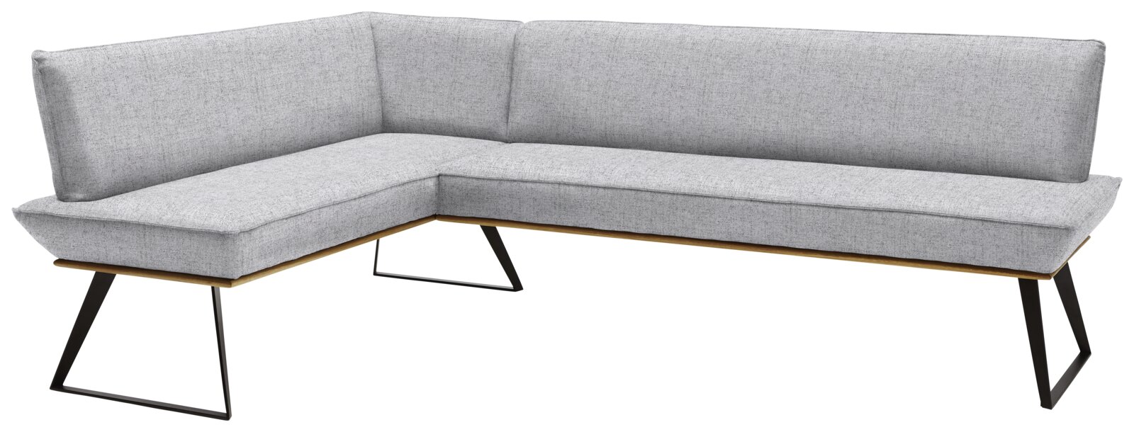 Graue Eckbank mit modernem Design, Metallbeinen und einer L-Form, seitliche Perspektive