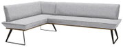 Graue Eckbank mit modernem Design, Metallbeinen und einer L-Form, seitliche Perspektive