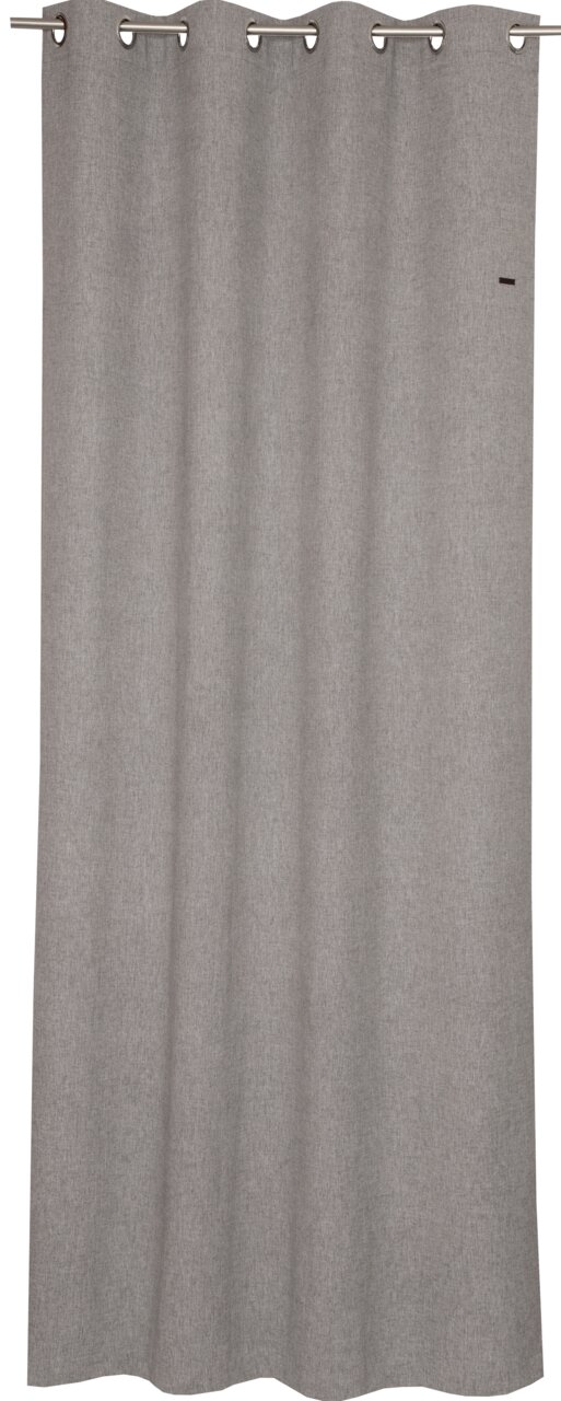 Grauer Ösenschal 140x250cm, frontal aufgenommen, mit Metallösen zur einfachen Aufhängung.