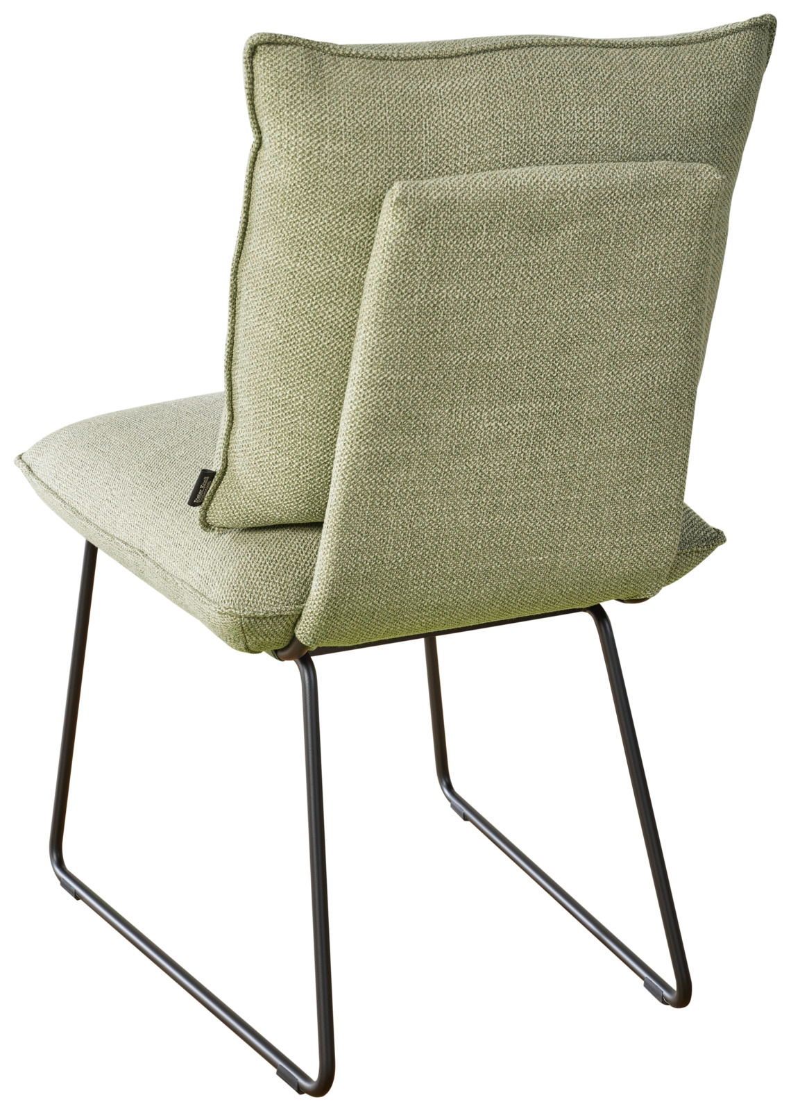 Rückansicht eines modernen Stuhls mit grünem Stoffbezug und schlanken Metallbeinen.