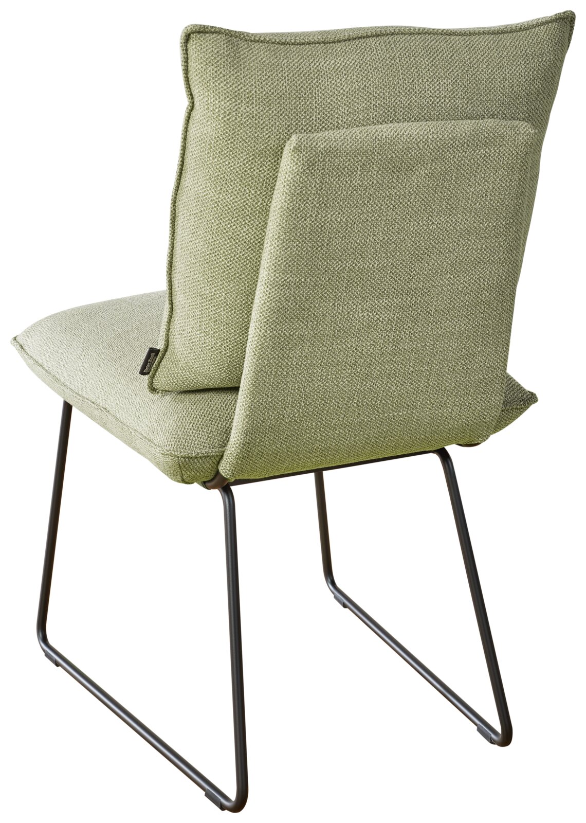 Rückansicht eines modernen Stuhls mit grünem Stoffbezug und schlanken Metallbeinen.