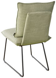 Rückansicht eines modernen Stuhls mit grünem Stoffbezug und schlanken Metallbeinen.