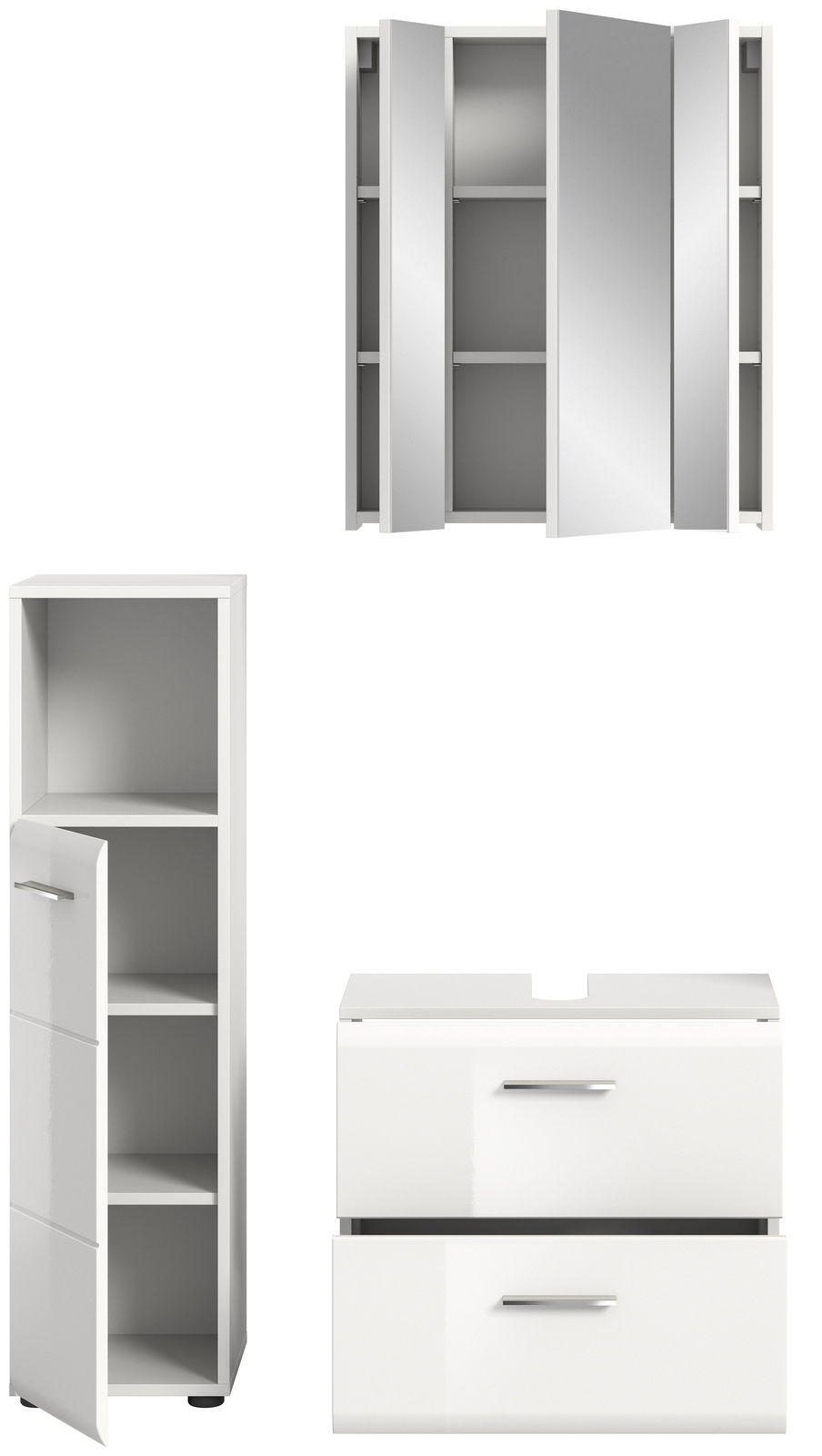 Badezimmermöbel-Set bestehend aus einem Spiegelschrank, einem Hochschrank und einem Waschtischunterschrank, frontal abgebildet.