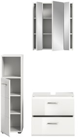 Badezimmermöbel-Set bestehend aus einem Spiegelschrank, einem Hochschrank und einem Waschtischunterschrank, frontal abgebildet.