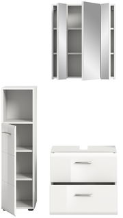 Badezimmermöbel-Set bestehend aus einem Spiegelschrank, einem Hochschrank und einem Waschtischunterschrank, frontal abgebildet.