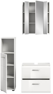Badezimmermöbel-Set bestehend aus einem Spiegelschrank, einem Hochschrank und einem Waschtischunterschrank, frontal abgebildet.