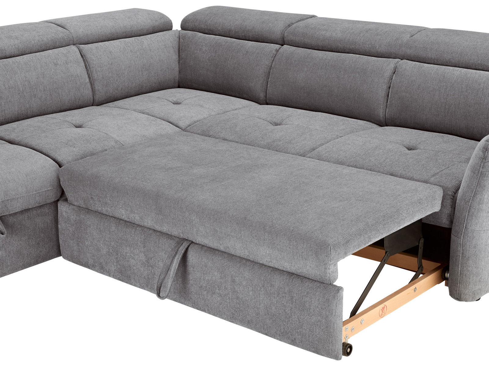 Graue Polsterrundecke mit ausziehbarem Bettkasten, Perspektive von schräg oben.