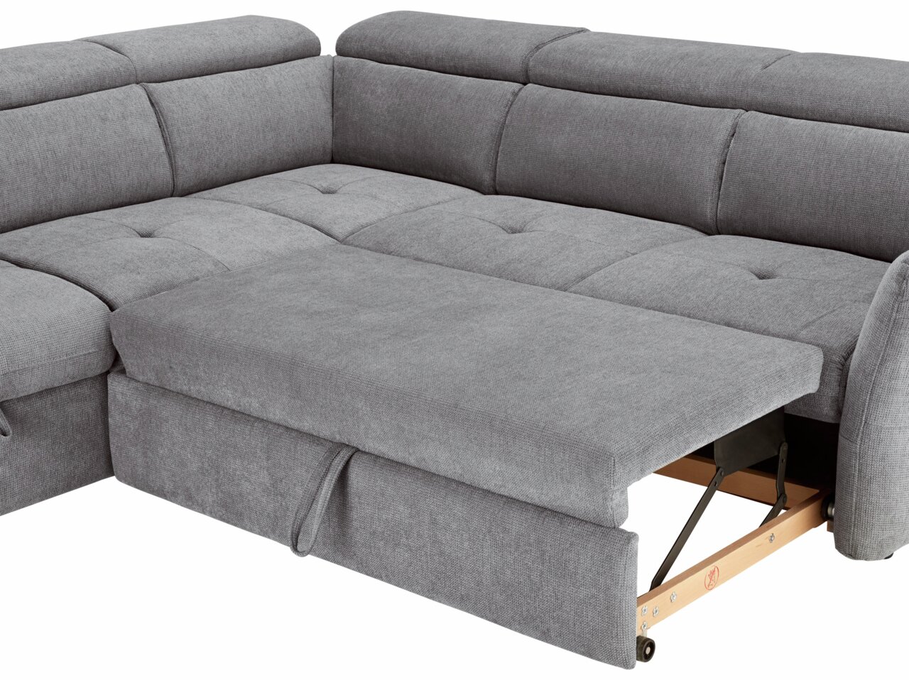 Graue Polsterrundecke mit ausziehbarem Bettkasten, Perspektive von schräg oben.