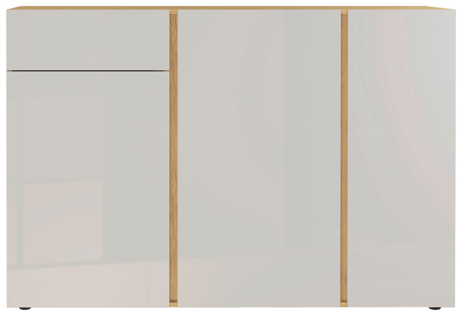 Frontansicht eines modernen Sideboards mit weißen Türen und Holzdetails.