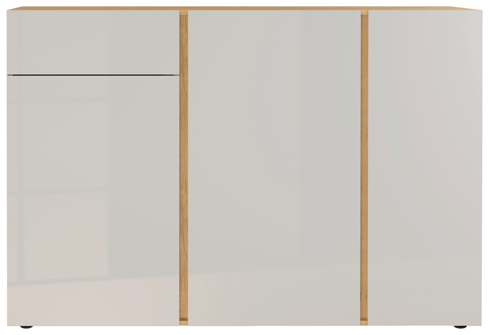 Frontansicht eines modernen Sideboards mit weißen Türen und Holzdetails.