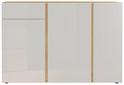 Frontansicht eines modernen Sideboards mit weißen Türen und Holzdetails.