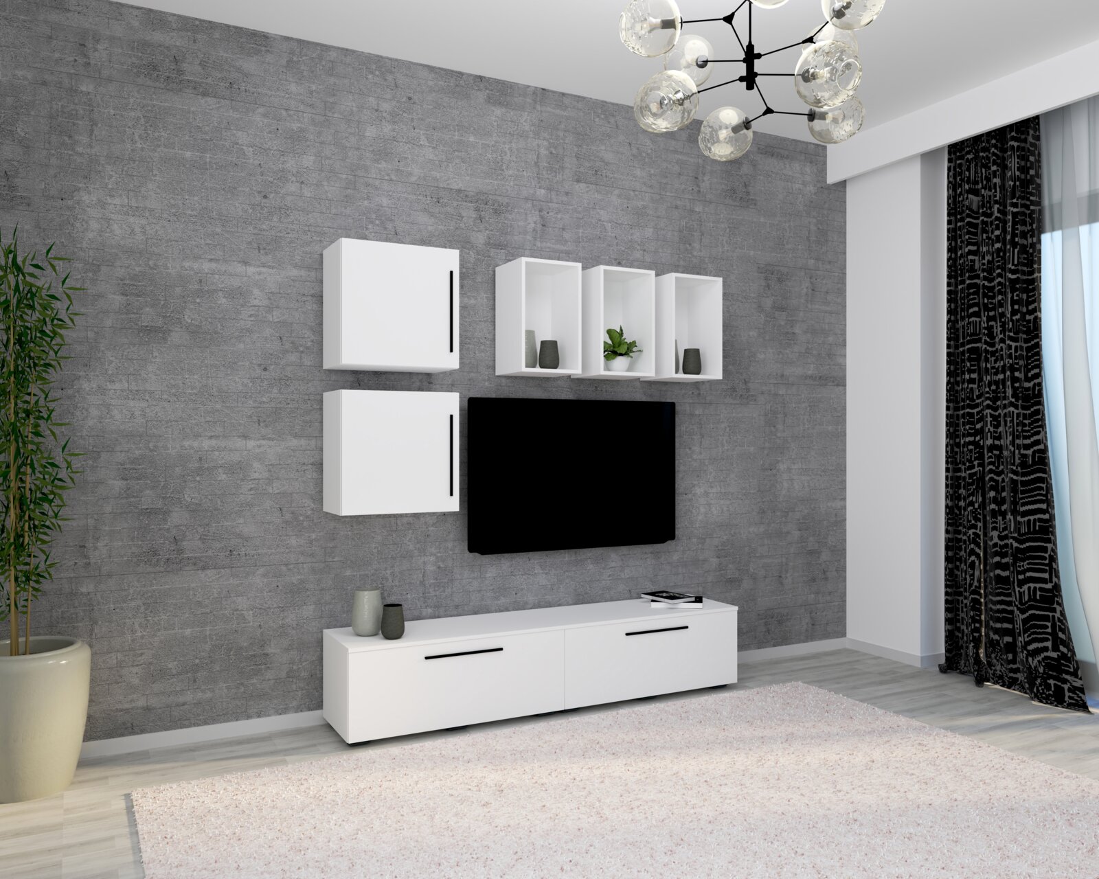 Moderne weiße TV-Wandmöbel-Kombination mit Lowboard, zwei Hängeschränken und drei offenen Regalen um einen wandmontierten Fernseher vor grauer Betonwand, Perspektive: frontale Ansicht leicht von links