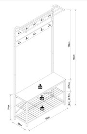 Isometrische Ansicht einer Garderobenbank mit Kleiderstange, oberer Ablage, mehreren Haken sowie Sitzfläche und zwei unteren Gitterablagen; Maße ca. 190 cm hoch, 90 cm breit und 30 cm tief, mit angegebenen Belastungen (Sitzfläche 110 kg, Ablagen je 5 kg).