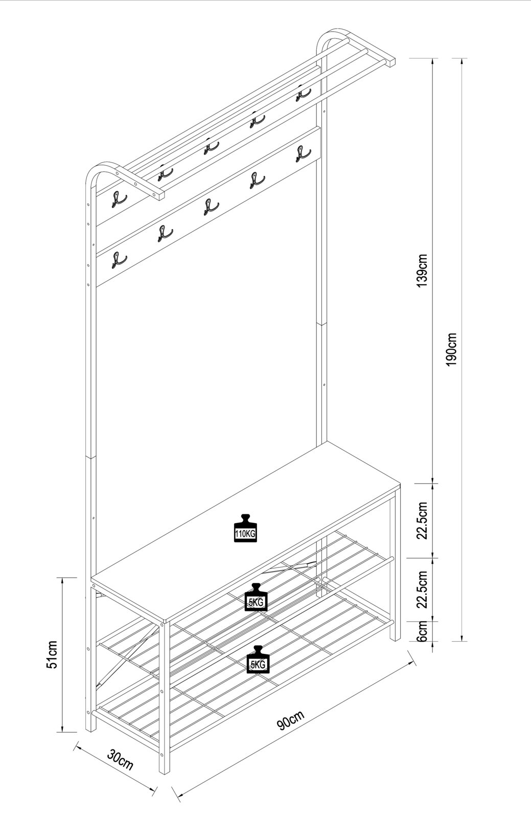 Isometrische Ansicht einer Garderobenbank mit Kleiderstange, oberer Ablage, mehreren Haken sowie Sitzfläche und zwei unteren Gitterablagen; Maße ca. 190 cm hoch, 90 cm breit und 30 cm tief, mit angegebenen Belastungen (Sitzfläche 110 kg, Ablagen je 5 kg).