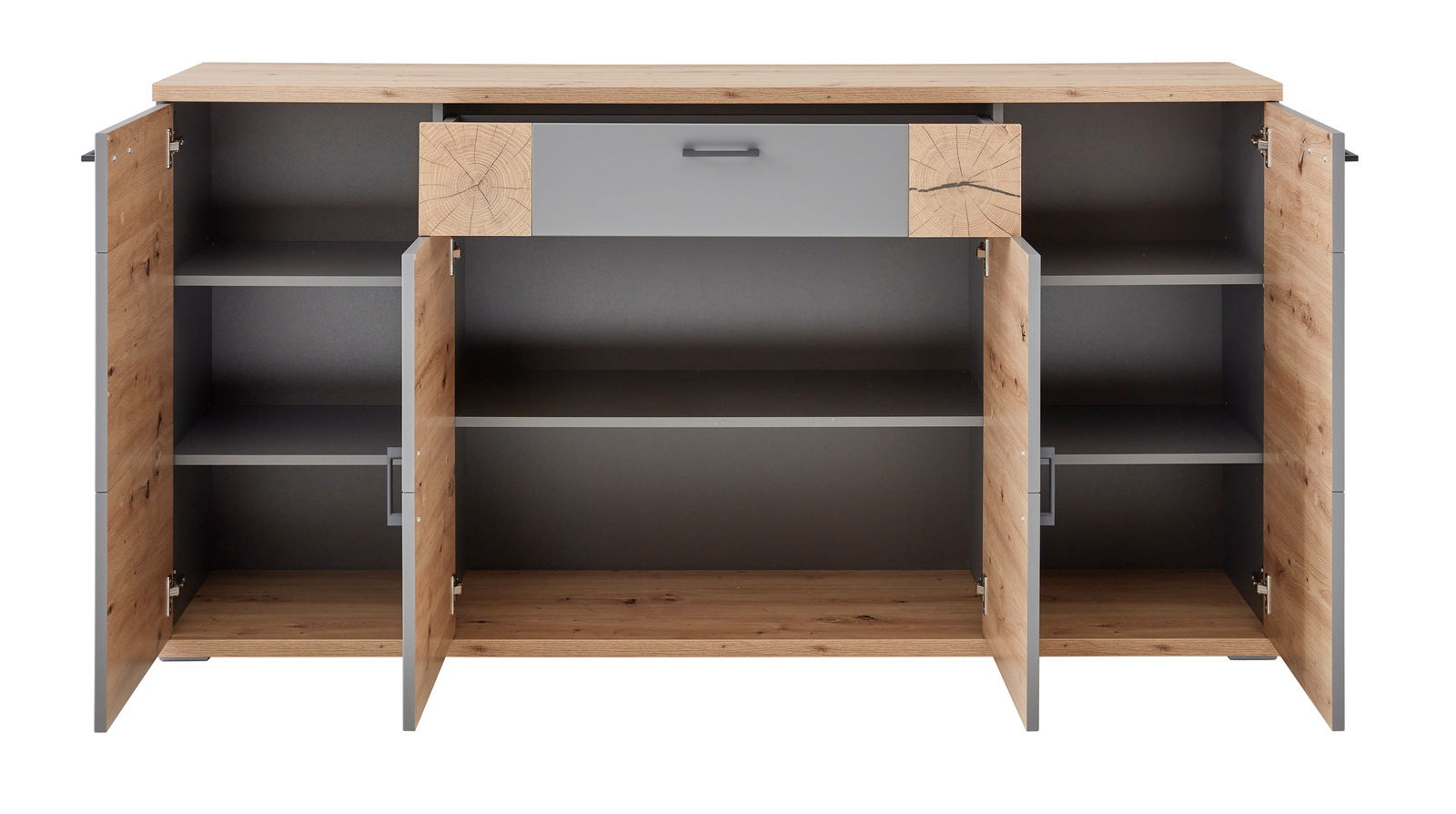 Frontale Ansicht eines modernen Sideboards mit offenen Türen, Holzoptik und grauen Akzenten.