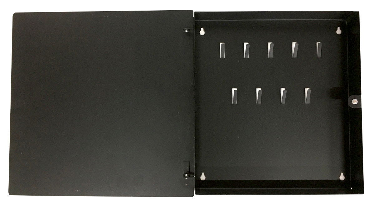 XORA Schlüsselkasten DUNJA Schwarzer Schlüsselkasten mit geöffneter Tür, Ansicht von oben, zeigt mehrere Haken für Schlüsselaufbewahrung.