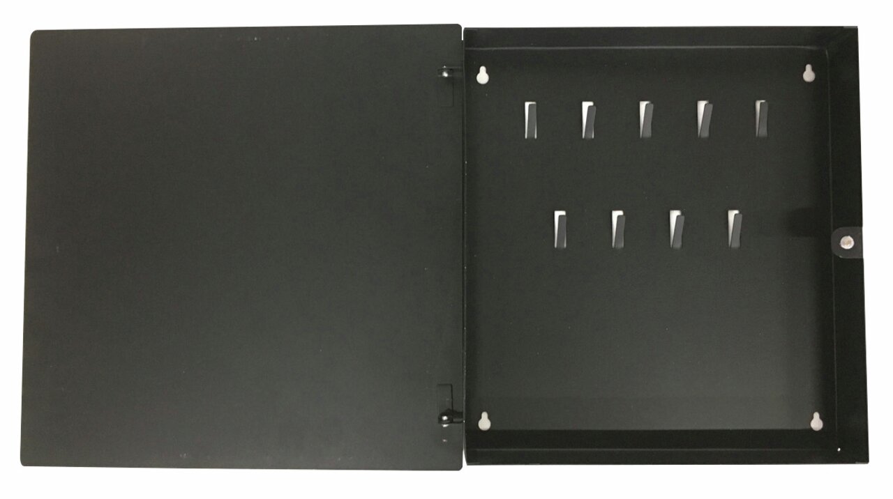 XORA Schlüsselkasten DUNJA Schwarzer Schlüsselkasten mit geöffneter Tür, Ansicht von oben, zeigt mehrere Haken für Schlüsselaufbewahrung.