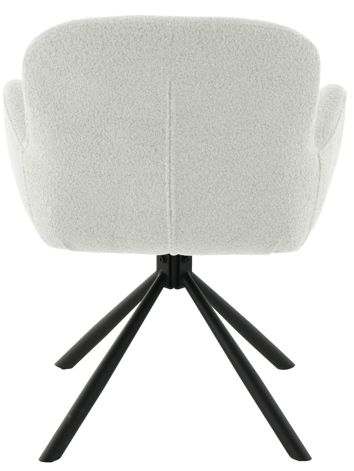 Rückansicht eines weißen Armlehnstuhls mit schwarzem Metallgestell, Modell MILANO.