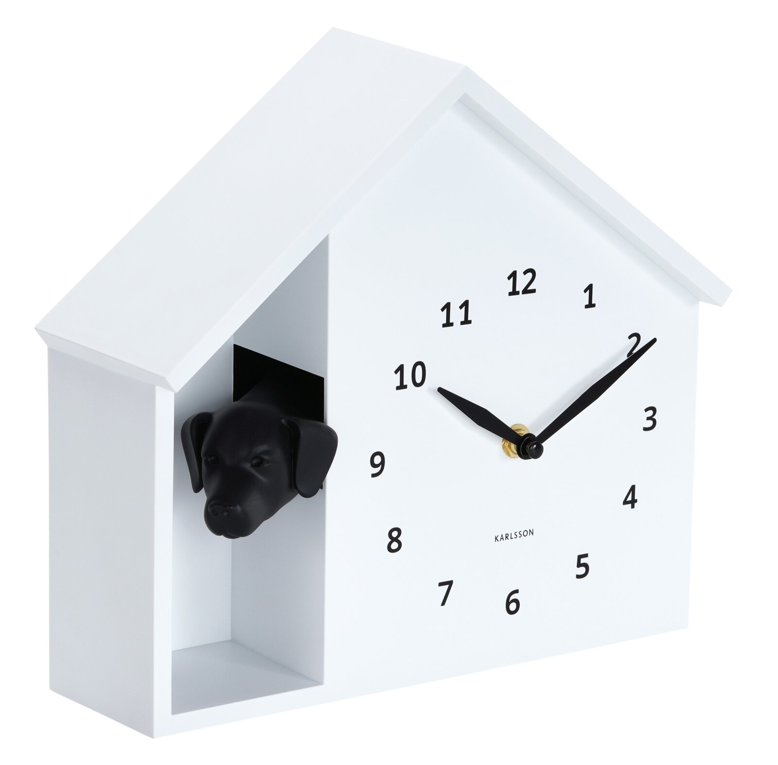 Moderne weiße Wanduhr in Hausform mit schwarzem Hundekopf, seitliche Perspektive