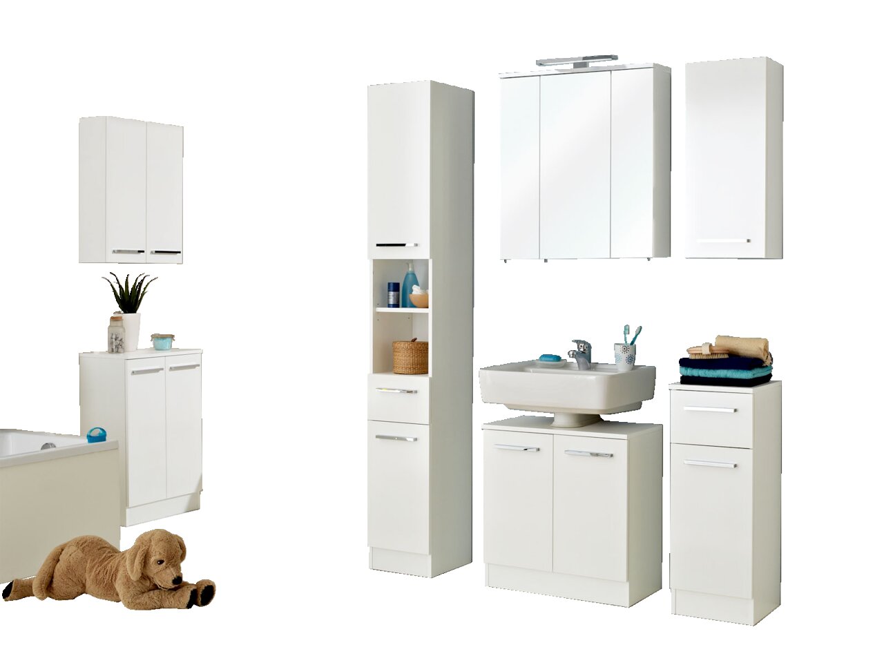 XORA Waschbeckenunterschrank TRIER Moderne Badezimmermöbel in Weiß, bestehend aus einem Waschbeckenunterschrank, einem Hochschrank, einem Spiegelschrank und einem Wandschrank, aus der Frontalperspektive betrachtet.