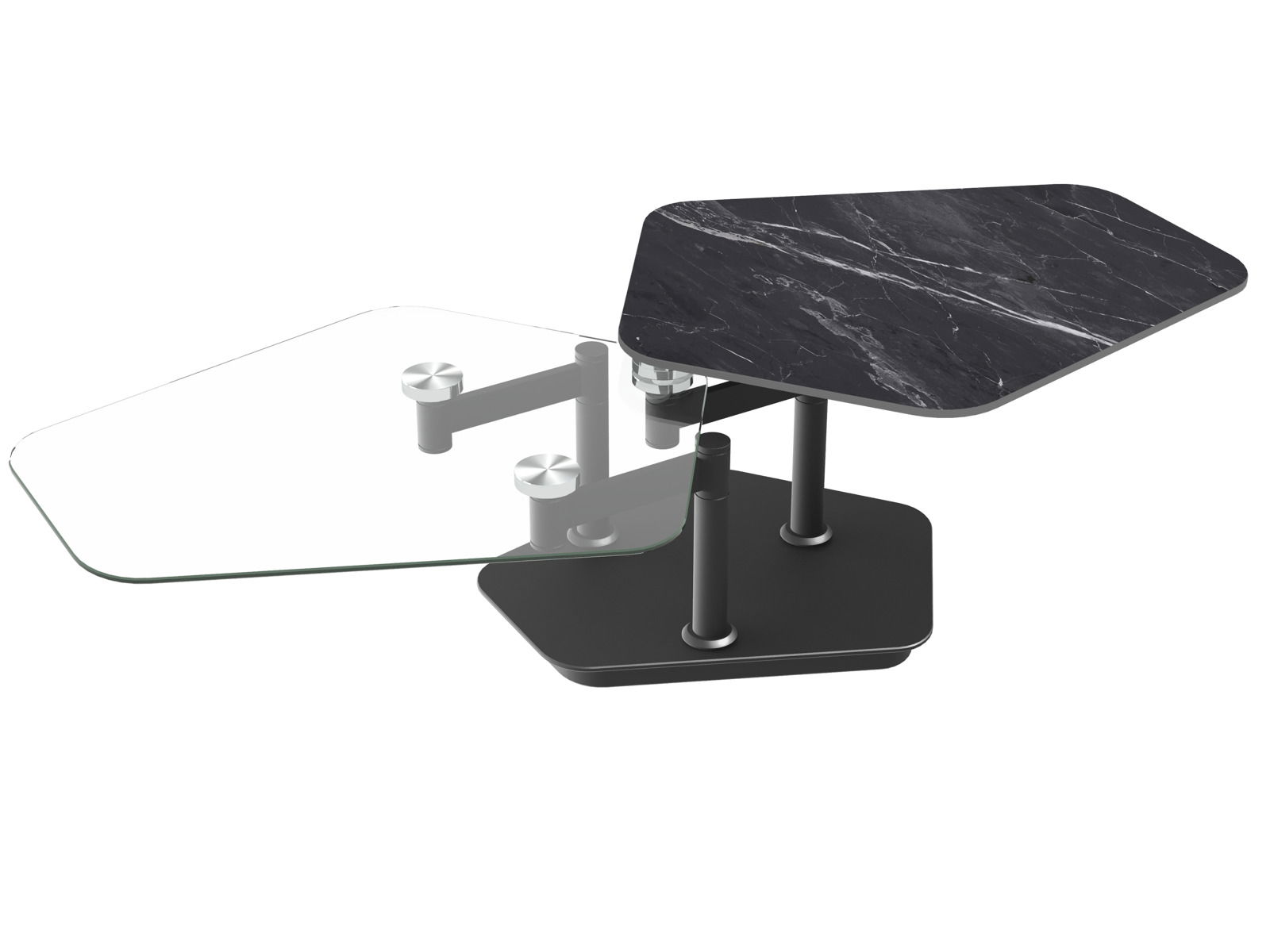 Moderner Couchtisch mit zwei drehbaren Tischplatten, eine aus Glas und eine mit schwarzer Marmoroptik, seitliche Perspektive.