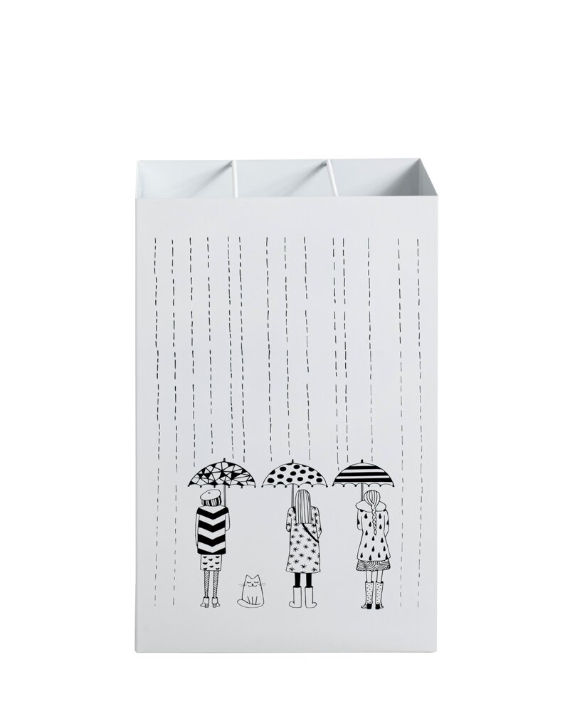 Weißer rechteckiger Aufbewahrungsbehälter aus Karton mit drei Fächern, Frontansicht leicht von oben; vorne schwarz-weiße Illustration von drei Kindern mit Regenschirmen und einem kleinen Tier unter fallendem Regen.
