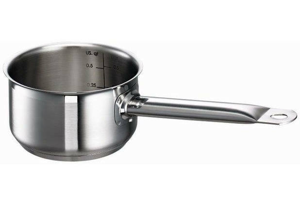 Kleiner Edelstahl-Stieltopf mit Messskala, seitliche Perspektive