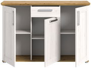 Kommode mit drei offenen Türen und einer Schublade, aus hellem Holz mit dunkler Holzplatte, Frontalansicht