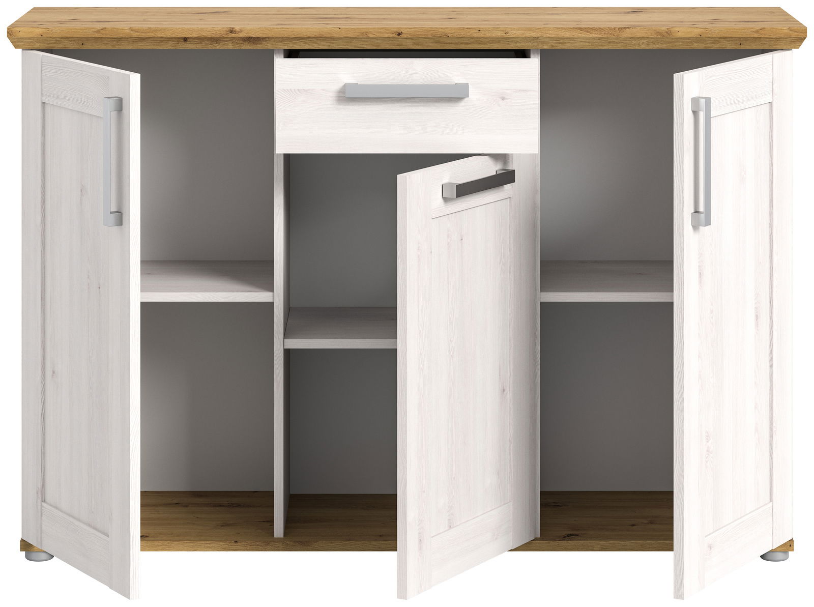 Kommode mit drei offenen Türen und einer Schublade, aus hellem Holz mit dunkler Holzplatte, Frontalansicht