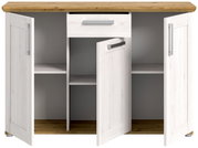Kommode mit drei offenen Türen und einer Schublade, aus hellem Holz mit dunkler Holzplatte, Frontalansicht