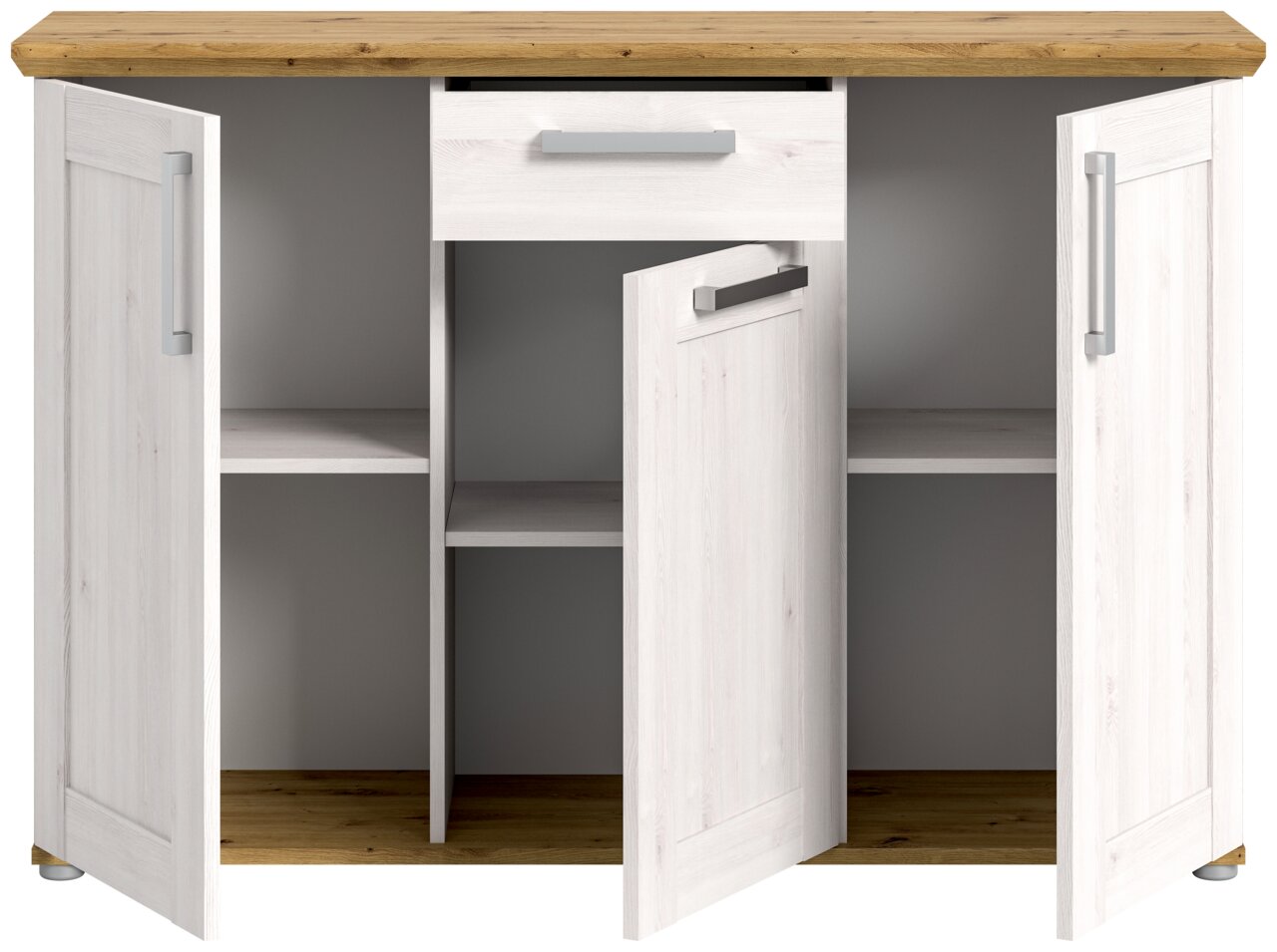 Kommode mit drei offenen Türen und einer Schublade, aus hellem Holz mit dunkler Holzplatte, Frontalansicht