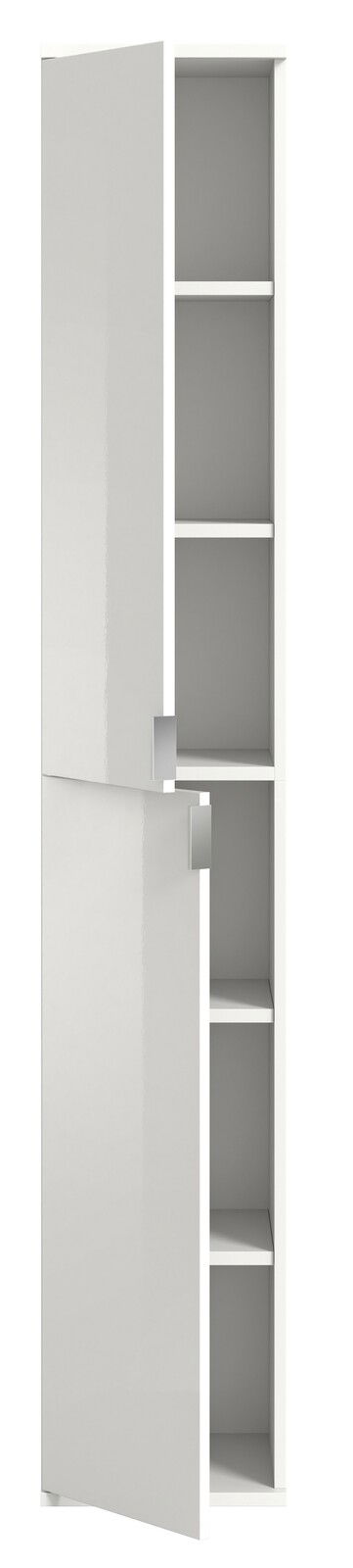 Weiße Garderobenkombination mit mehreren offenen Fächern, Frontansicht