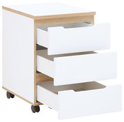 Rollcontainer mit drei offenen Schubladen, weiße Fronten und Holzrahmen, auf Rollen, seitliche Perspektive
