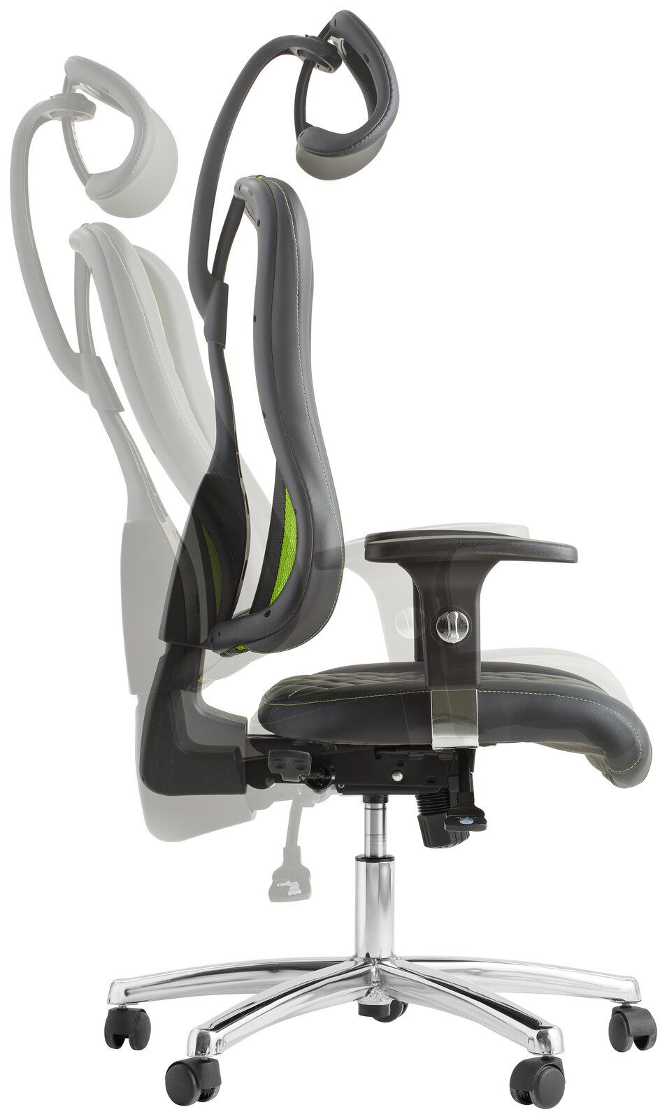 Seitliche Ansicht eines verstellbaren Gaming-Stuhls mit ergonomischem Design und Kopfstütze.