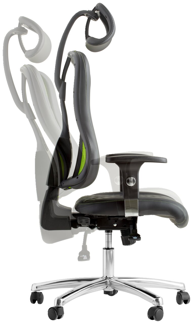 Seitliche Ansicht eines verstellbaren Gaming-Stuhls mit ergonomischem Design und Kopfstütze.