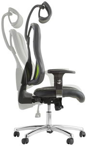 Seitliche Ansicht eines verstellbaren Gaming-Stuhls mit ergonomischem Design und Kopfstütze.